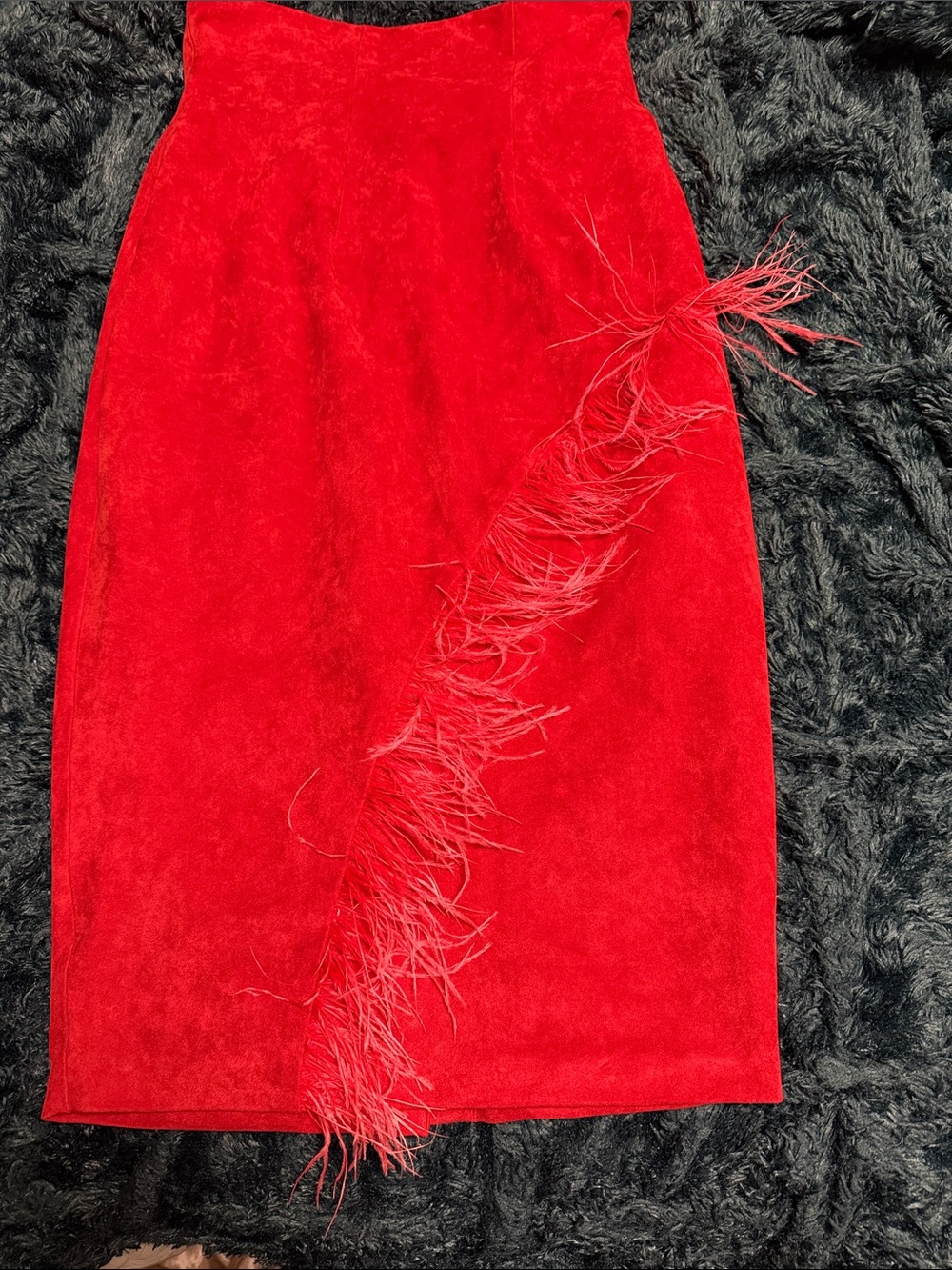 Hanifa Red Feather-Trim Pencil Skirt